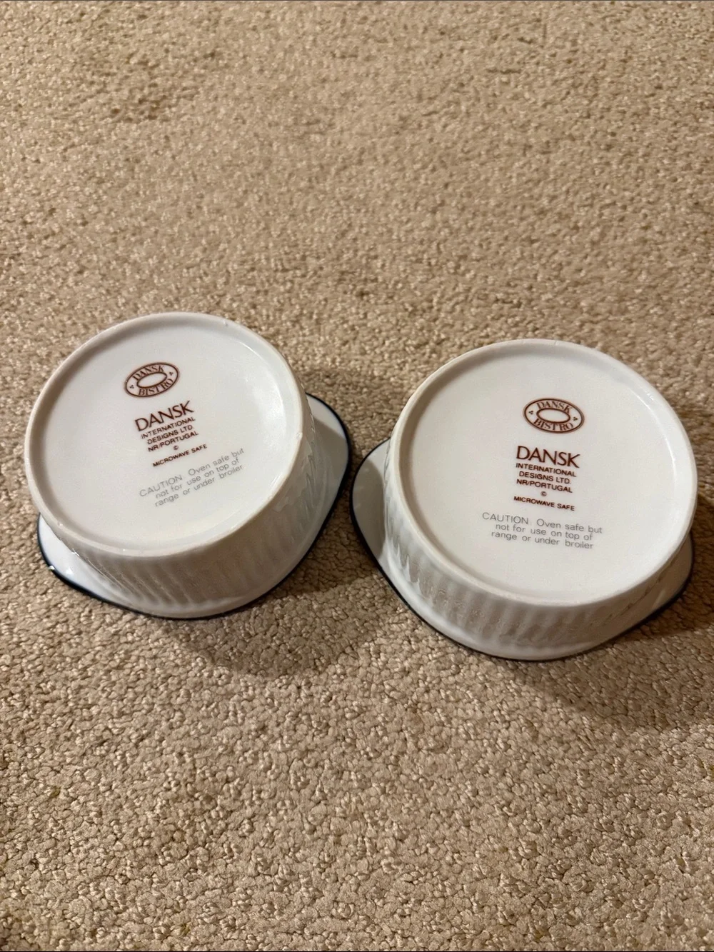 Set of Two White Ceramic Ramekins with Blue Trim